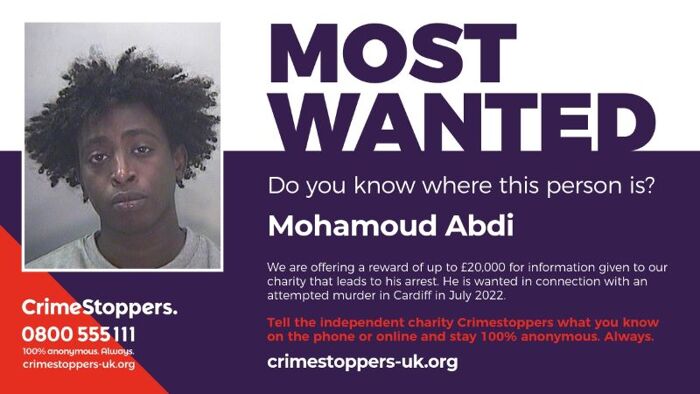 Most Wanted: £20,000 to find Mohamoud Abdi in connection with Cardiff attempted murder 