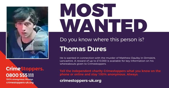 Most Wanted: £10,000 for Thomas Dures in connection with Lancashire murder 